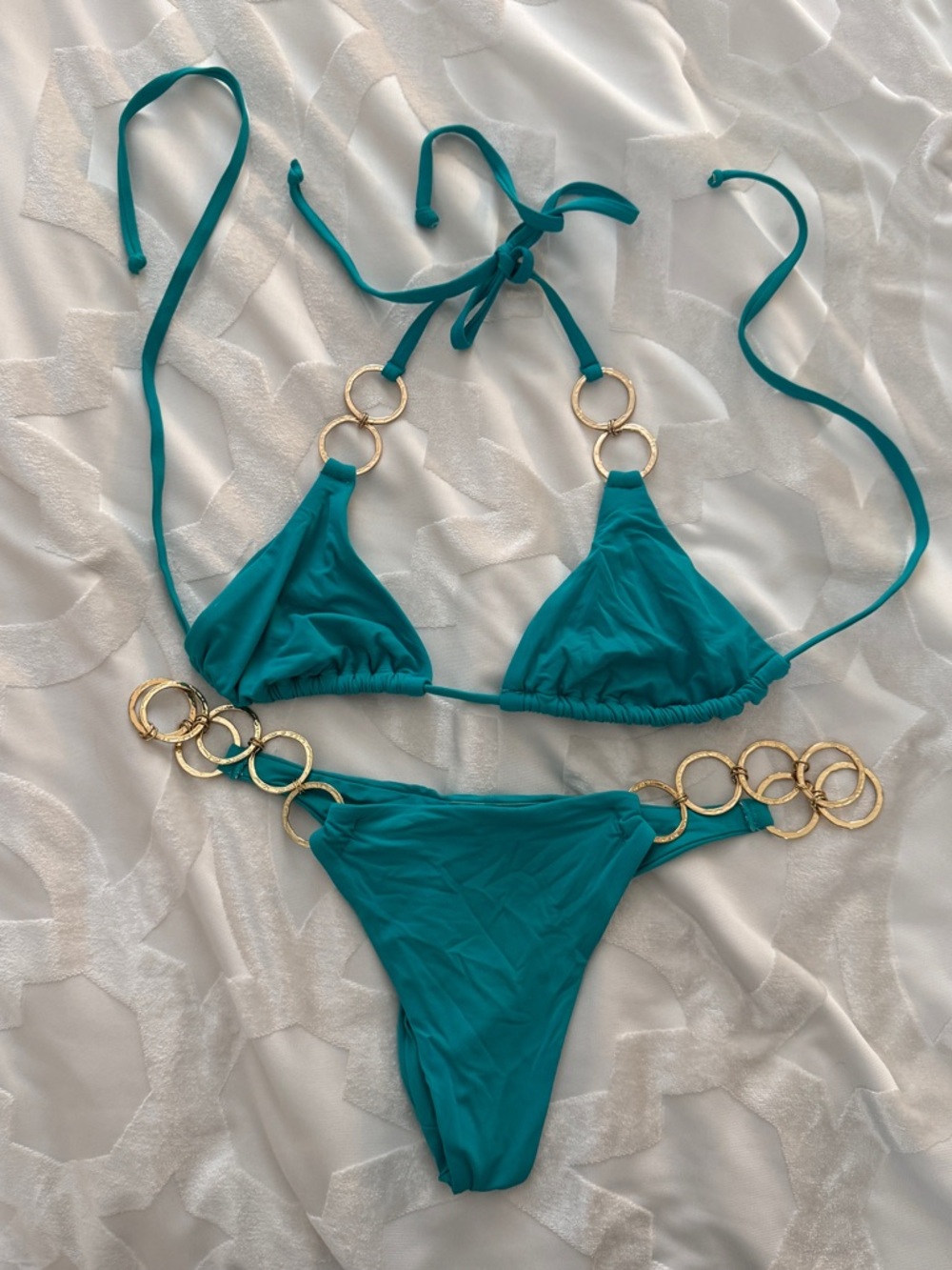 Beach Bunny Teal Triangle Bikini with Gold Ring Details